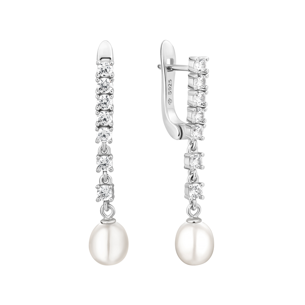 Cercei lungi din argint cu perle naturale albe și cristale, cu tortițe DiAmanti SK25477EL_W-G Cercei lungi din argint cu perle naturale albe și cristale, cu tortițe DiAmanti SK25477EL_W-G